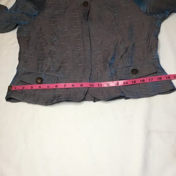 Linear Iridescent Blue Pleated Cropped One Button Jacket Blazer Ladies Small - Picture 7 of 10